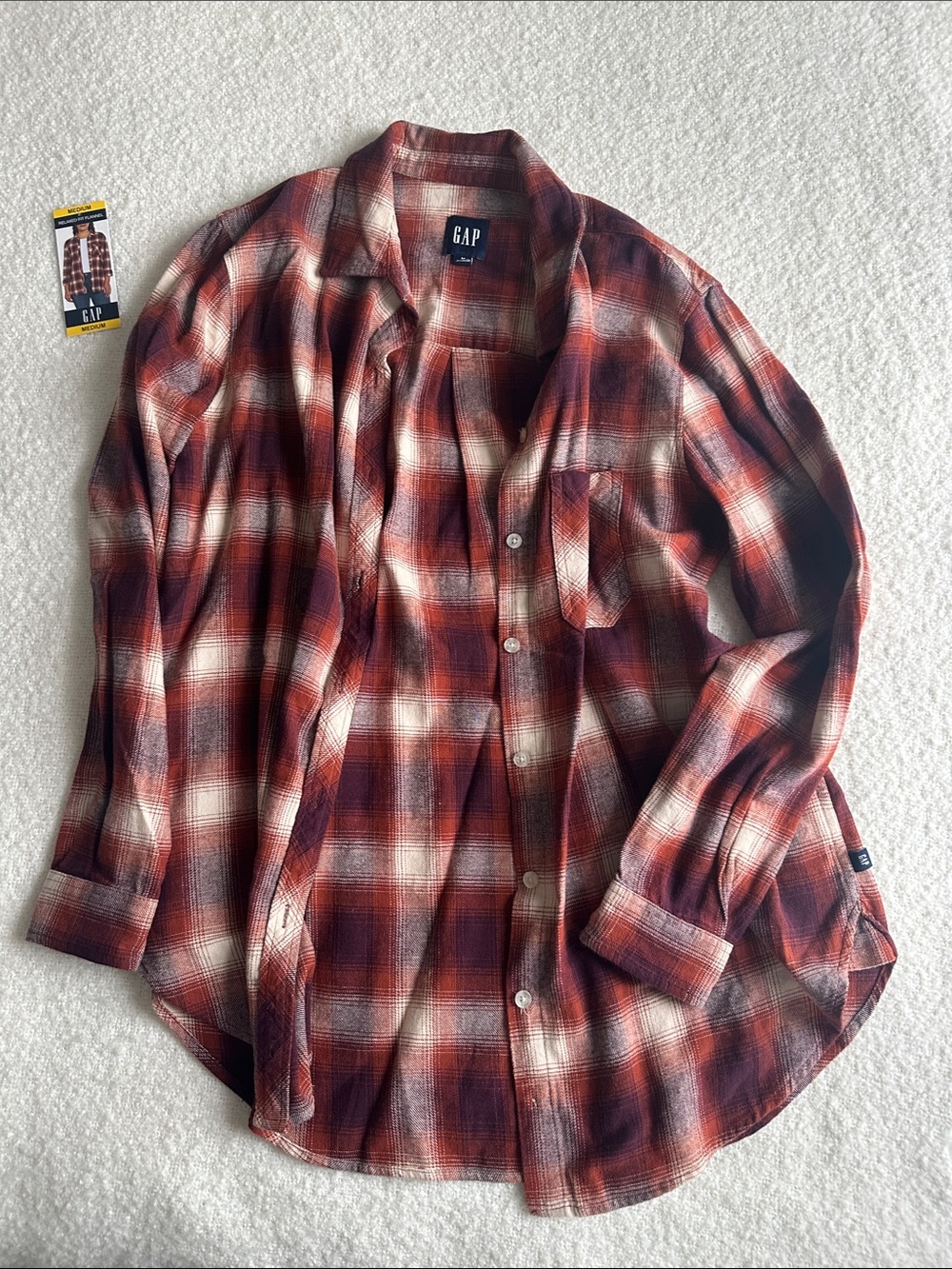 GAP women’s orange, purple and off white Plaid Button-Down Shirt